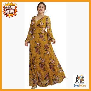 Elegant Formal Maxi Dress V Neck Rose Embroidery Mesh Plus Size Evening Wear